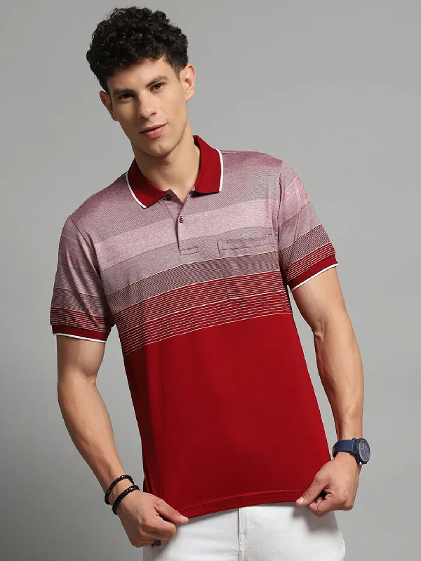Men's Shirts for CampingMen Maroon Stripe Collar Half Sleeve T-Shirt