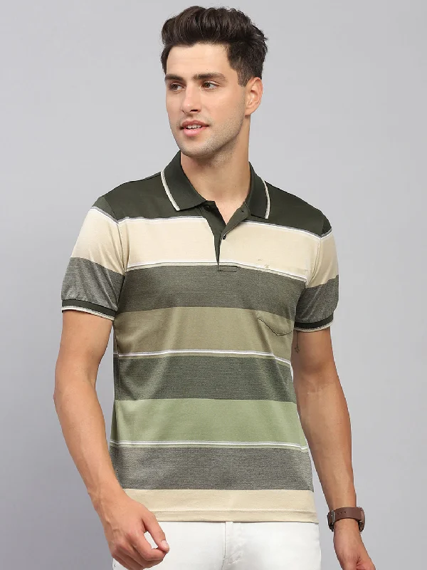 Men's Shirts with Antimicrobial TreatmentMen Olive Stripe Collar Half Sleeve T-Shirt