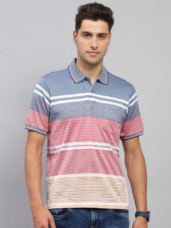 Stylish Men's HenleysMen Pink & Blue Stripe Collar Half Sleeve T-Shirt