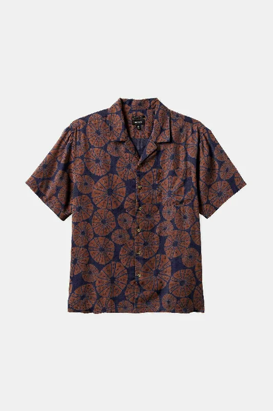 Men's Geometric Print Shirts for a Modern TwistBunker Slub S/S Camp Collar Woven Shirt - Washed Navy/Sepia