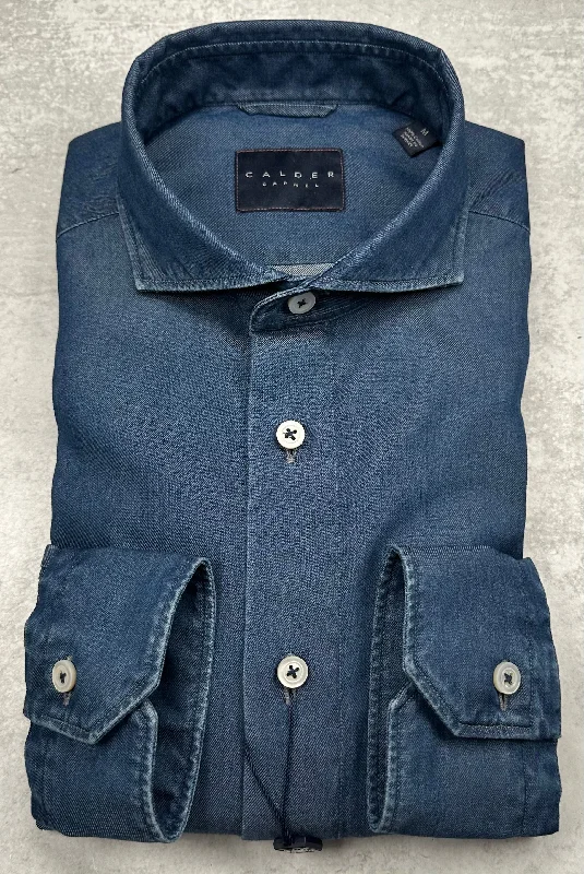 Men's Stain-Resistant Shirts for Mess-Free WearCalder Carmel Italian Denim Indigo Twill Sport Shirt in Denim