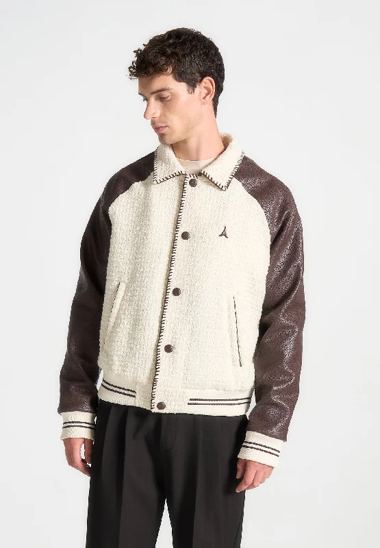 Designer Men's OvercoatsTweed & Leather Varsity Jacket - Cream/Brown